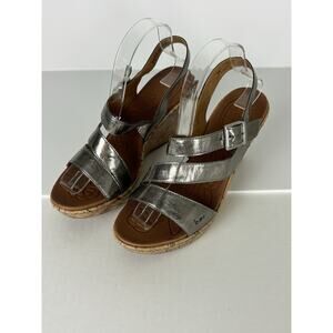 BOC Metallic Silver Cork Wedge Slingback‎ Sandals Sz 9 Faux Leather Boho Comfort